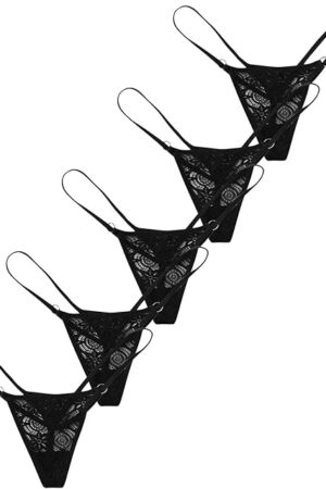 G-String Thongs for Women Sexy Lace Briefs V Cheeky See Through Stretch Hollow Out Panties Underpants Pack of 5