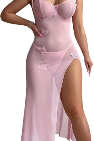 Women's Sexy Split Butterfly Mesh Sheer Maxi Lingerie Dress Lace Bodycon Babydoll Outfit 2 Piece with Thong Set