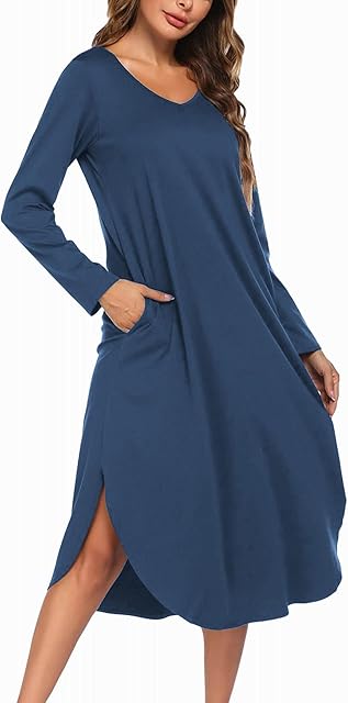 Womens Nightgown V Neck Nightshirts Long Sleeve Sleepwear with Pockets S-XXL