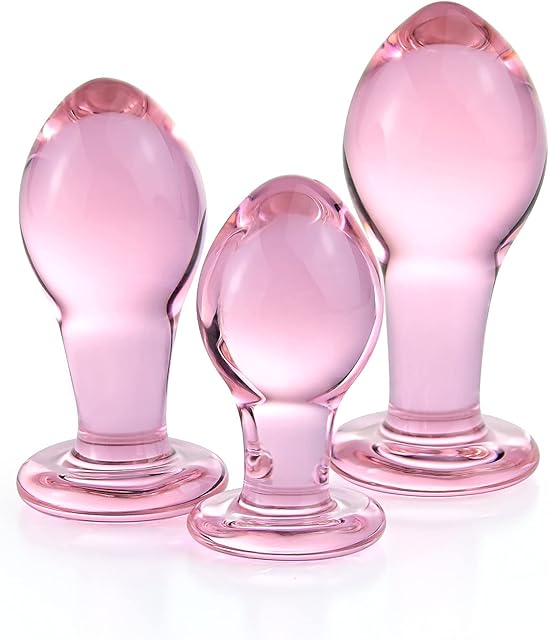 Glass Butt Plug, Anal Trainer 3-Piece Butt Training Set Crystal Anal Adult Sex Toys G-Spot Stimulation for Men Women Masturbation Pink