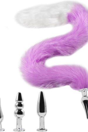 31.49 in Extra Long Fox Tail Anal Butt Plug Sexy Foxtail Sex Toys with 3 Interchangeable Metal Anal Plugs Cosplay Butt Plug Tail Anal Trainer for Men Women Couples Furry Tail Toys (Purple White)