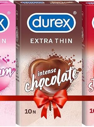 Durex Extra Thin Flavoured Condoms, 10s, Pack of 3 (Bubblegum + Chocolate + Strawberry)