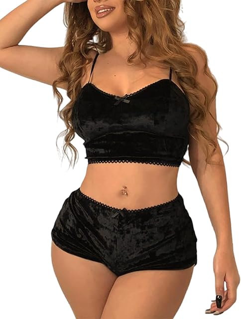 Women Sexy Lingerie Babydoll Strappy Velvet Pajama Set 2 Piece Sleepwear Camisole with Shorts Outfit