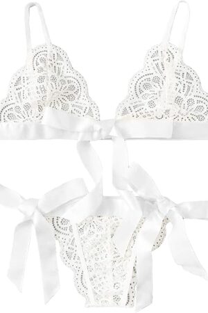 Women's Self Tie Lingerie Set Sheer Lace Spaghetti Strap Bra and Panty 2 Piece