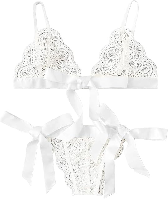 Women's Self Tie Lingerie Set Sheer Lace Spaghetti Strap Bra and Panty 2 Piece
