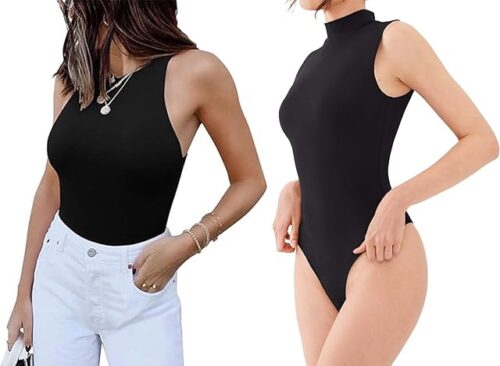 Womens Sexy Sleeveless High Neck Basic Tank Tops Bodysuits 2 pieces