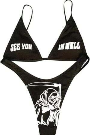 Women's Skull Letter Printed Two Piece Swimsuit High Cut Triangle Bikini Set for Party Festival Halloween