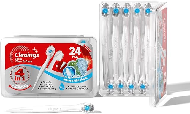 cleaings? Disposable Toothbrushes with Toothpaste Mini Travel Oral Care, 4-in-1 (Mini Brushes+Toothpaste+Tongue Scraper+Pick) Portable for Work,Camping Essentials(Intense Mint), 24 Count (Pack of 1)