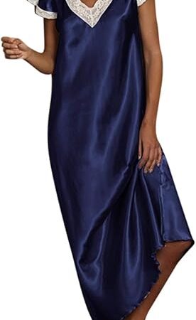 Womens Silky Satin Long Nightgown Lace Trim Chemise Lingerie Maxi Sleepdress Ladies V Neck Short Sleeve Sleepwear