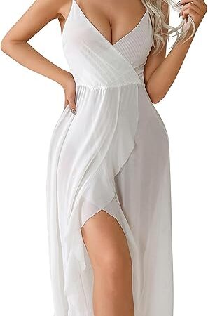 Women Lingerie Wrap V Neck Sexy Split Mesh Sheer Nightdress Strappy Long Nightgown Chemise Sleepwear