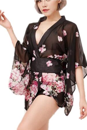 Women Kimono Bathrobe Mini Nightshirt Nightdress Sleepwear Sexy Lingerie Underwear Babydolls Cosplay Chemise Shirt (for Size XS/S/M, Flower Black 1*)