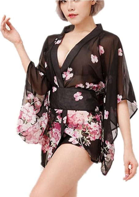 Women Kimono Bathrobe Mini Nightshirt Nightdress Sleepwear Sexy Lingerie Underwear Babydolls Cosplay Chemise Shirt (for Size XS/S/M, Flower Black 1*)