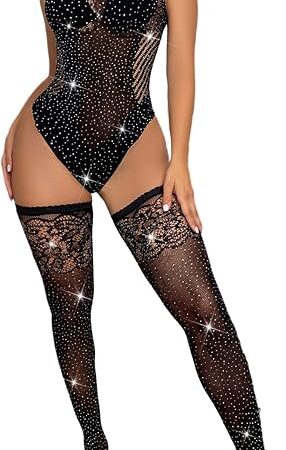 Women Sexy Lingerie Bodysuit Crystal Rhinestone Tops Hollow-Out Jumpsuits Stockings Sets
