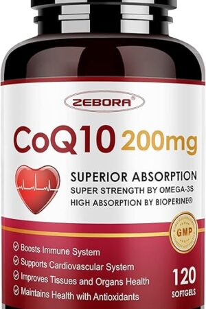 ZEBORA CoQ10-200mg-Softgels with PQQ, BioPerine & Omega-3, 120 Servings Coenzyme Q10(Ubiquinone) Supplement for High-Absorption, Powerful-Antioxidant, Support Heart & Energy-Production