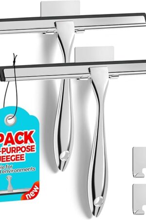 2Pack Shower Squeegee for Shower Glass Door - Stainless Steel with 2 Adhesive Hooks, Multi-Surface Cleaner for Bathroom Tile, Mirror, Window, Car - No Streaks, 10 Inch Silver