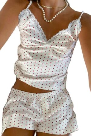 Women Y2k 2 Piece Pajama Set Sleeveless V Neck Lace Trim Crop Cami Top and Shorts Pj Set Sleepwear Lounge Outfits