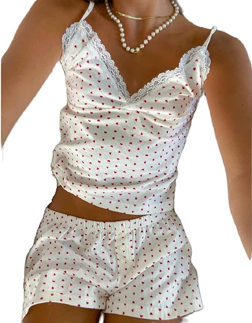 Women Y2k 2 Piece Pajama Set Sleeveless V Neck Lace Trim Crop Cami Top and Shorts Pj Set Sleepwear Lounge Outfits