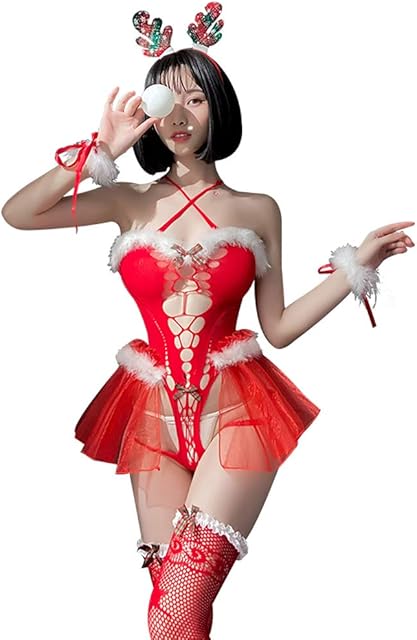 Women Santa Costume Cosplay Lingerie Christmas Princess Dress Sexy One-piece Pesh Dress Suit