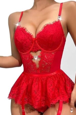 Women's Exotic Lingerie Sets with Garter Belt Lace Bodysuit Teddy with Panty Set Strappy Babydoll Outfits for Sex Play