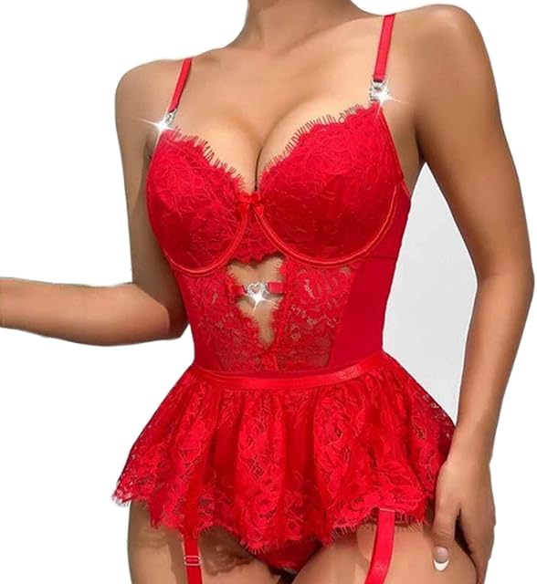 Women's Exotic Lingerie Sets with Garter Belt Lace Bodysuit Teddy with Panty Set Strappy Babydoll Outfits for Sex Play
