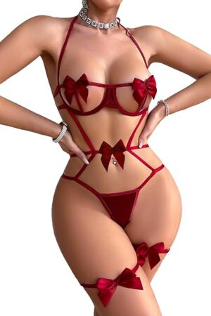 Womens Lace Bodysuit Lingerie Set Bow Knot Cut Out Lingerie One Piece Teddy