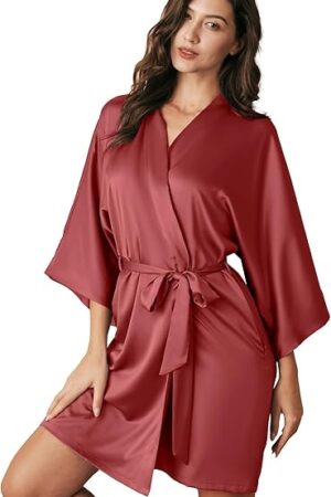 Women's Silk Robe Satin Kimono Robe for Bride Bridesmaids Short Bridal Party Robes Wedding Loungewear XS-XXL
