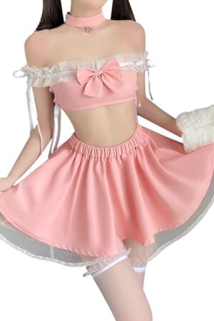 Kawaii Lolita Lingerie Women Anime Cat Schoolgirl Naughty Cosplay Costume Maid Outfit Top and Skirt Set