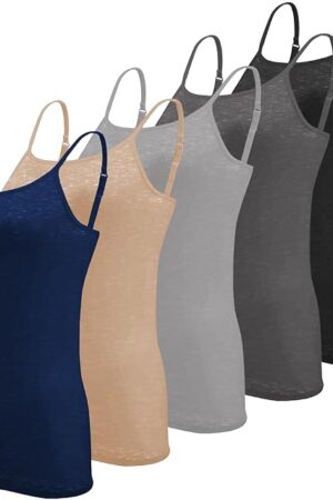 Women's Basic Camisole Adjustable Spaghetti Strap Semi Sheer Slub Tank Top - 5 Pack