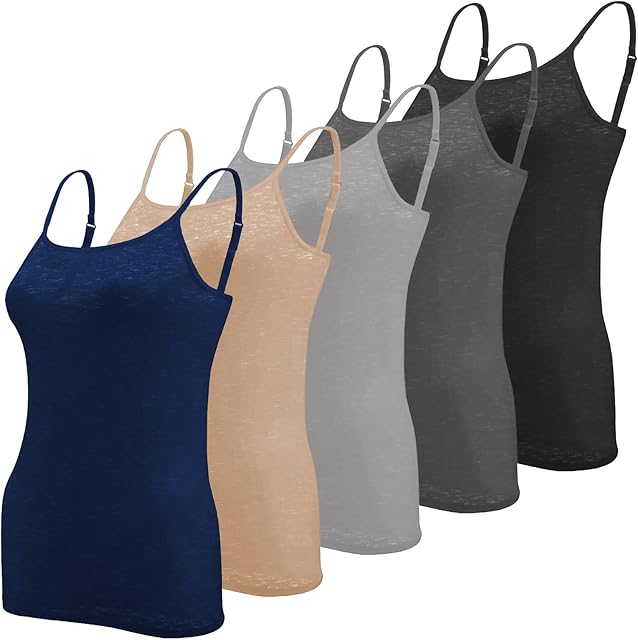 Women's Basic Camisole Adjustable Spaghetti Strap Semi Sheer Slub Tank Top - 5 Pack