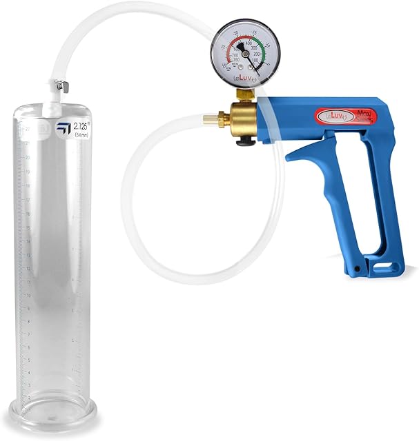 LeLuv Penis Pump Maxi Blue Handle with Gauge, Clear Hose - 9 inch Length x 2.125 Inch Diameter Cylinder