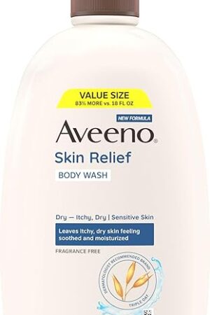 Aveeno Skin Relief Fragrance Free Body Wash, Triple Oat Formula, Gentle Daily Cleanser for Itchy Dry Sensitive Skin, Soap & Paraben Free, Soothes Skin, Dermatologist Recommended Brand, 33 fl oz