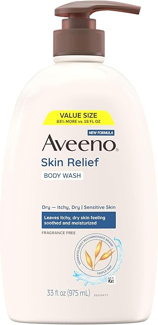 Aveeno Skin Relief Fragrance Free Body Wash, Triple Oat Formula, Gentle Daily Cleanser for Itchy Dry Sensitive Skin, Soap & Paraben Free, Soothes Skin, Dermatologist Recommended Brand, 33 fl oz