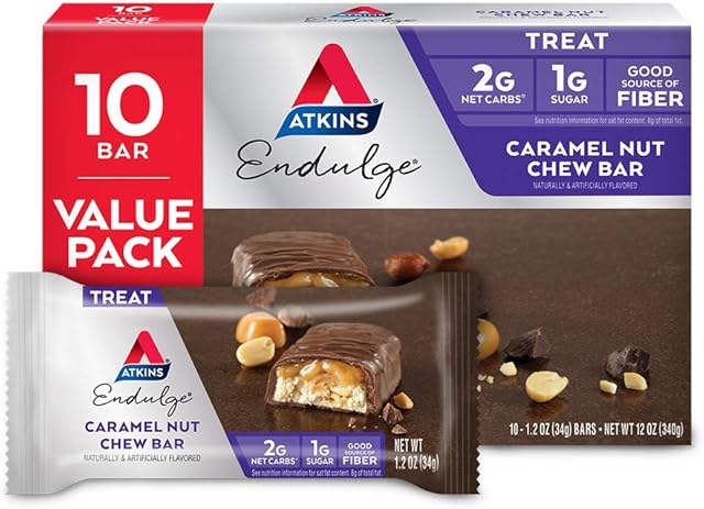 Atkins Endulge Caramel Nut Chew Bar, Nut Bar, Low Sugar Treat, High in Fiber, 10 Count