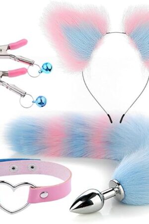 Costume Accessory Anal Plug Set Fox Animal Butt Plug Tail Adults Plush Cat Ears Headband Choker Nipple Clamps Faux Fur Tail Adult Sex Play Toys for Women Sex Pleasure Purple BP