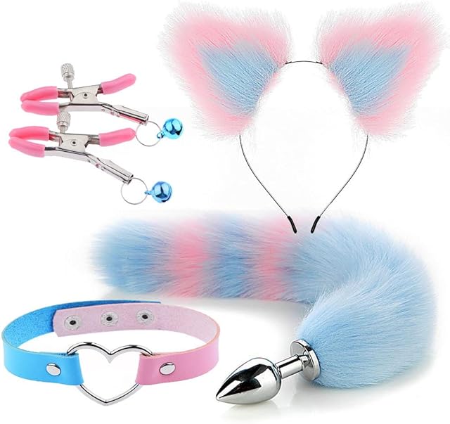 Costume Accessory Anal Plug Set Fox Animal Butt Plug Tail Adults Plush Cat Ears Headband Choker Nipple Clamps Faux Fur Tail Adult Sex Play Toys for Women Sex Pleasure Purple BP