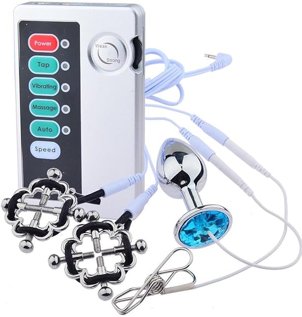 Electric Shock Nipple Clamps and Anal Plug Toys Set Adjustable Current Level, Nipple Clips for Pleasure Sex ?White Set?