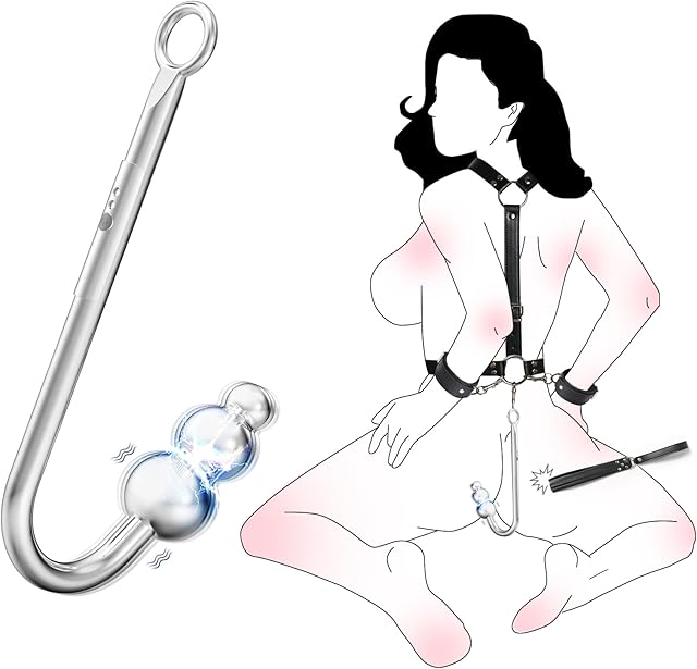 BDSM Bondage Kit Vibrating Anal Hook with Whip, Slave Leather Restraints Set Neck to Wrist Behind Back Handcuffs Collar Metal Anal Plug with 3 Balls 9 Vibration Modes Anal Stimulation Sex Toy Unisex