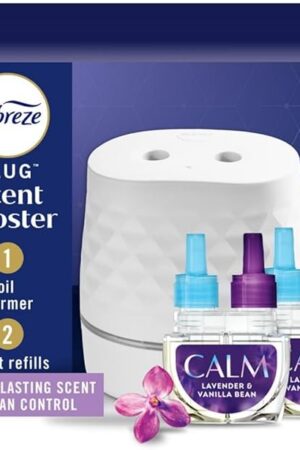 Febreze Plug Scent Booster Starter Kit, Oil Diffuser, Air Freshener Plug in, Continuous Scent Device + 2 Downy Calm Refills