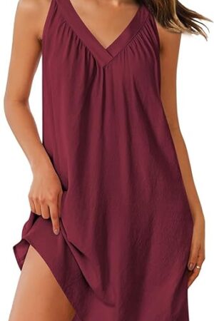 Chemise Nightgown for Women Sleeveless Sleepwear Lightweight Racerback Sleep Shirt Pleated V Neck Night Short Dress