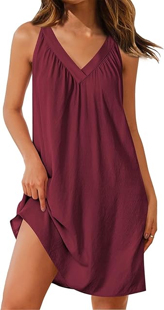 Chemise Nightgown for Women Sleeveless Sleepwear Lightweight Racerback Sleep Shirt Pleated V Neck Night Short Dress