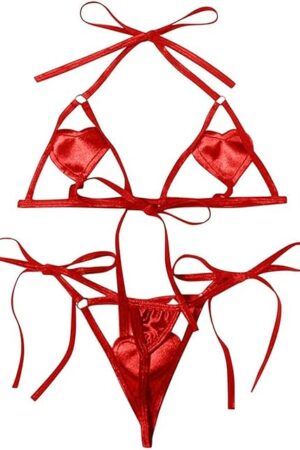 Womens Heart Mesh Sheer Lingerie Set Mini Top Tie Sides Thong Sexy Micro Swimwear Bikini Set