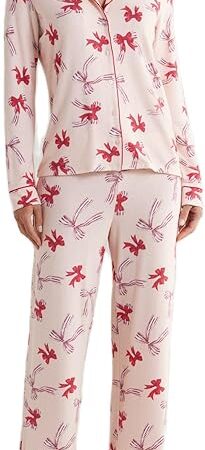 Women Bow Pajamas Satin Pajama Set Floral Silk 2 Piece Lounge Sets Button Down Shirts Wide Leg Pants Cute Pjs