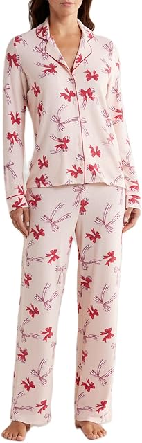 Women Bow Pajamas Satin Pajama Set Floral Silk 2 Piece Lounge Sets Button Down Shirts Wide Leg Pants Cute Pjs