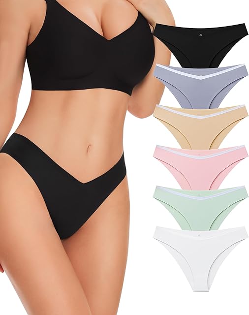 Womens Seamless Underwear 6 Pack, Silky Soft Cheeky Bikini Panties for Ladies, Sexy V Cut Briefs No Show