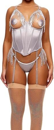 Women's Peep Show Sequin Fringe Bustier Lingerie Set