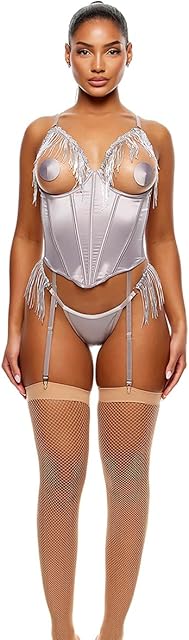 Women's Peep Show Sequin Fringe Bustier Lingerie Set