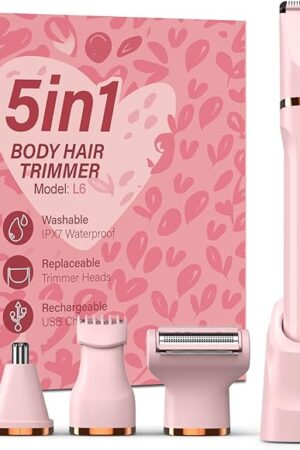 5-in-1 Bikini Trimmer for Women, IPX7 Waterproof Electric Razors Shaver, Cordless Body Hair Trimmer, Facial & Pubic Hair Removal, Ceramic Blade (Pink)