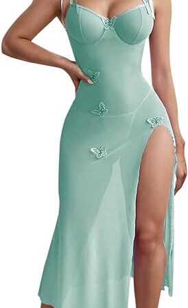 Women Long Babydoll Lingerie Sets Sexy Mesh Chemise Nightgown Sheer Pajama Dress for Sex Naughty