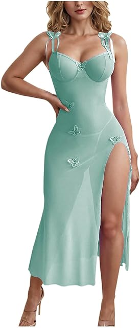 Women Long Babydoll Lingerie Sets Sexy Mesh Chemise Nightgown Sheer Pajama Dress for Sex Naughty