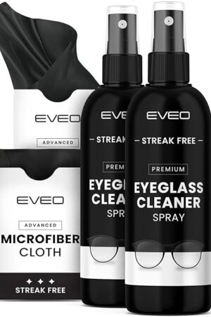 EVEO Eyeglass Cleaner Spray - Glasses Cleaner No Streaks Technology & Microfiber Cleaning Cloth - Glasses Cleaning Kit, Eye Glass Cleaners Spray Lens Cleaner - Screen & Eye Glasses Kit - 2 Pack